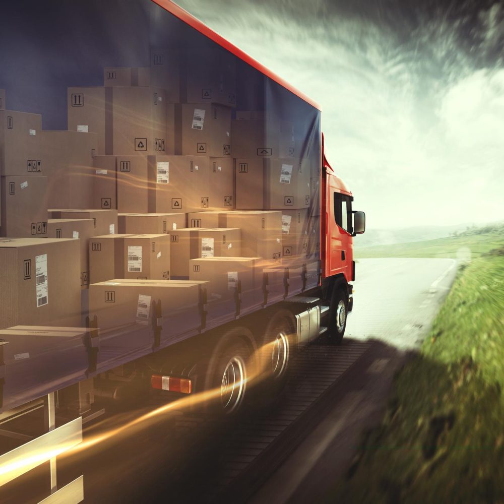 Truck on the road with load of boxes. 3D Rendering